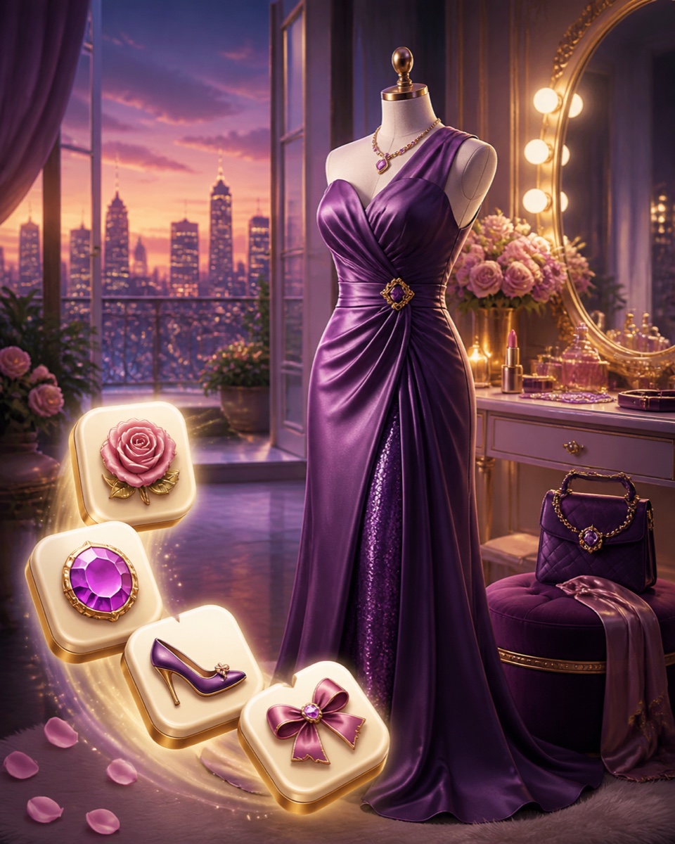 An elegant violet dress and matching puzzle tiles in a dressing room